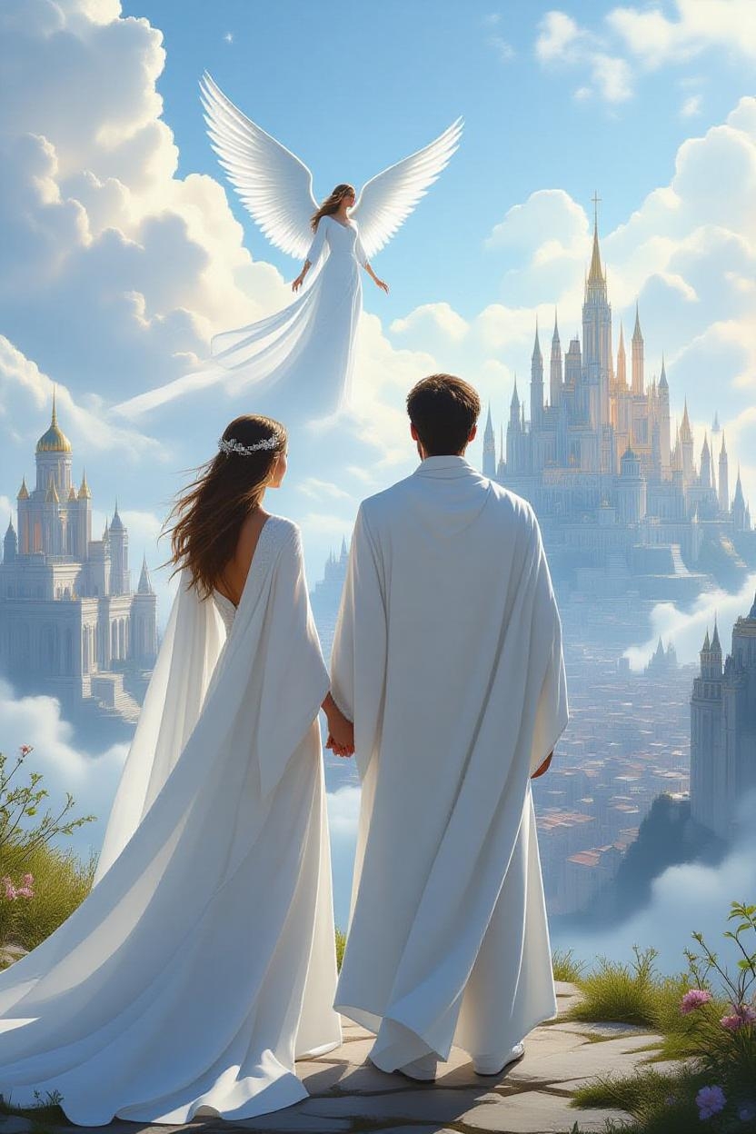 A woman and a man in white robes with a female angel floating above them as they look out at this beautiful city in the heavens