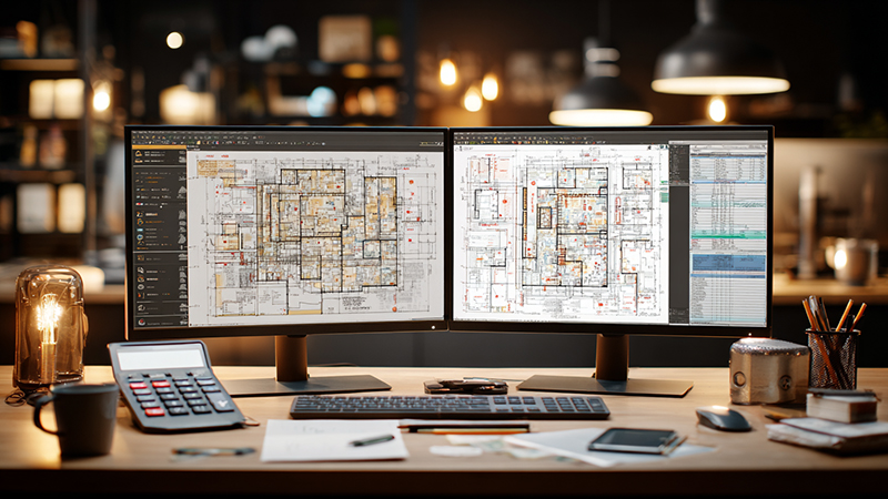 plumber reading drawings on screen