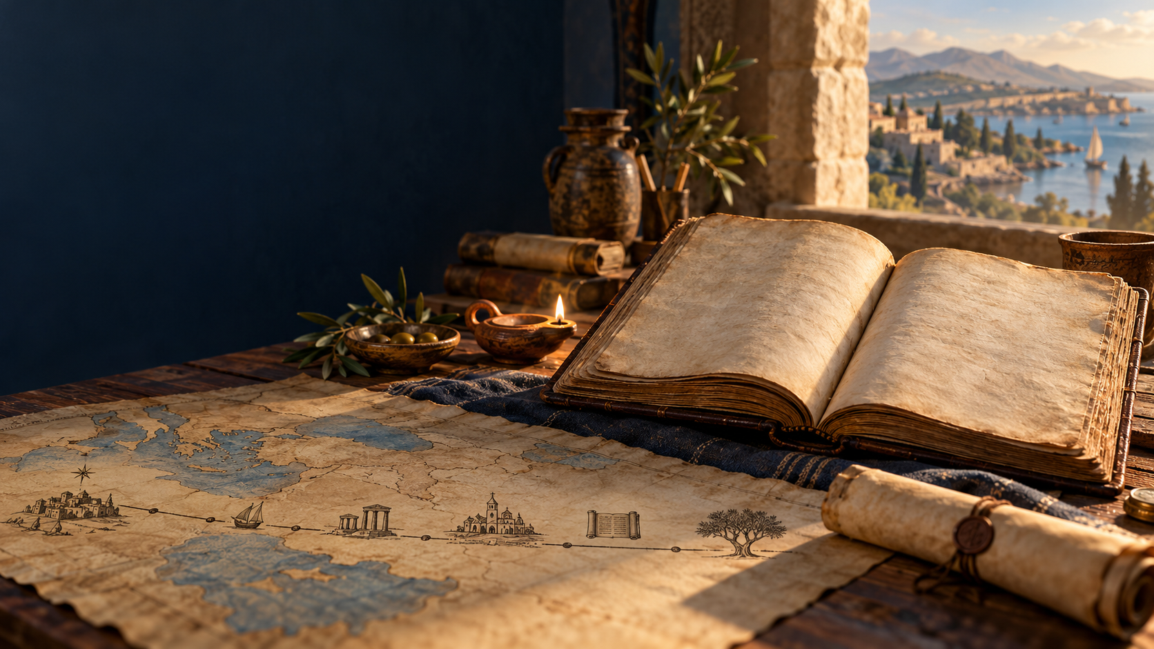 Manuscrito abierto sobre un mapa del Mediterráneo oriental, símbolo del recorrido por el Nuevo Testamento.