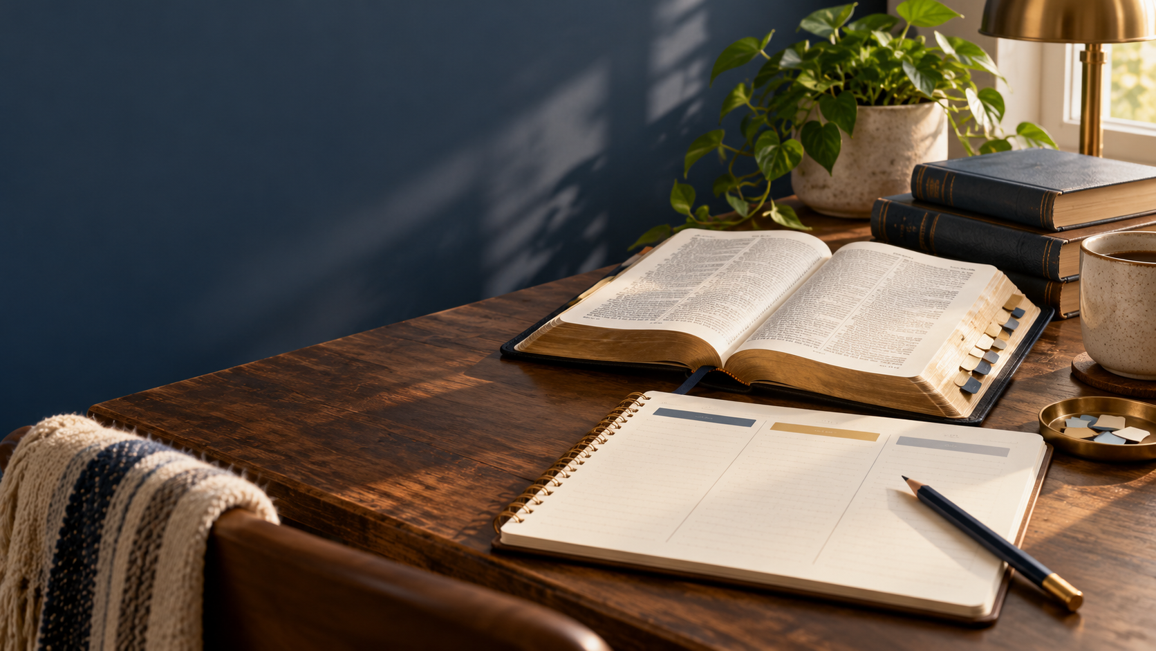 Biblia abierta y cuaderno de estudio sobre una mesa de trabajo