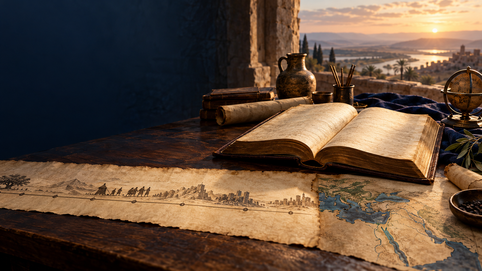 Biblia abierta, pergamino con una línea de tiempo y mapa del antiguo Cercano Oriente
