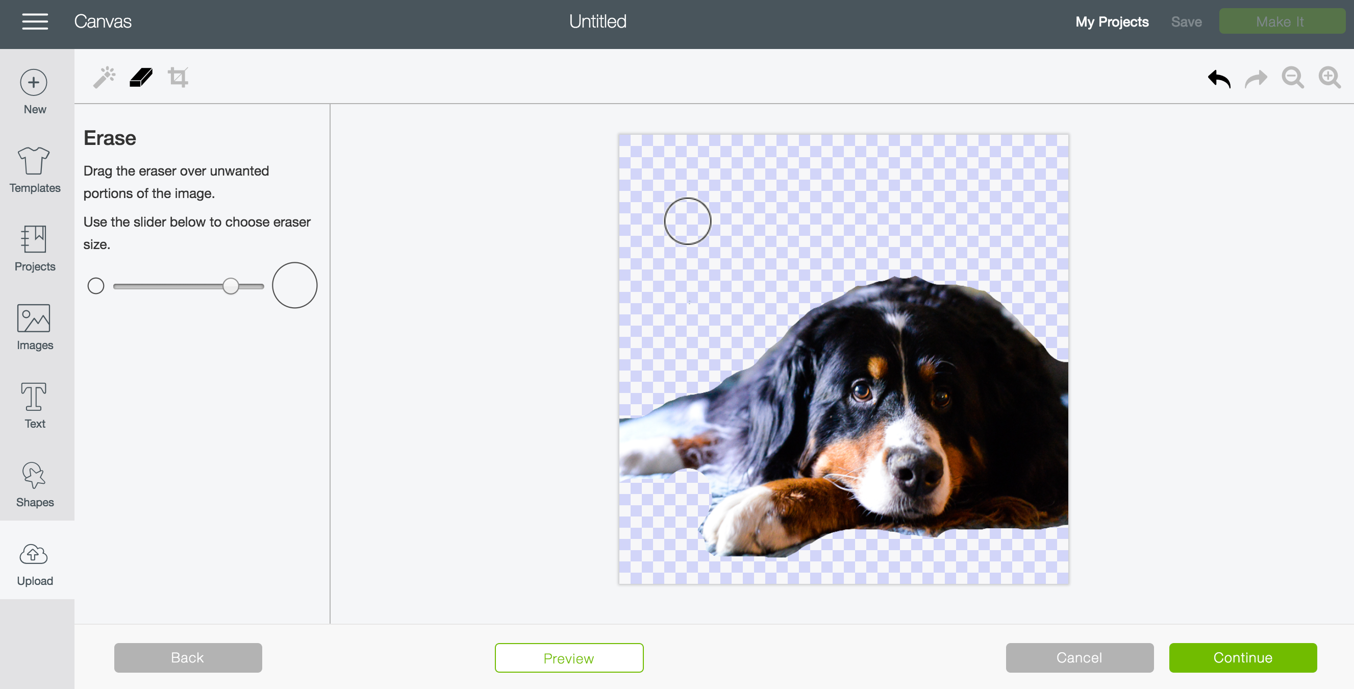 Image of an uploaded photo in Cricut Design Space of a dog