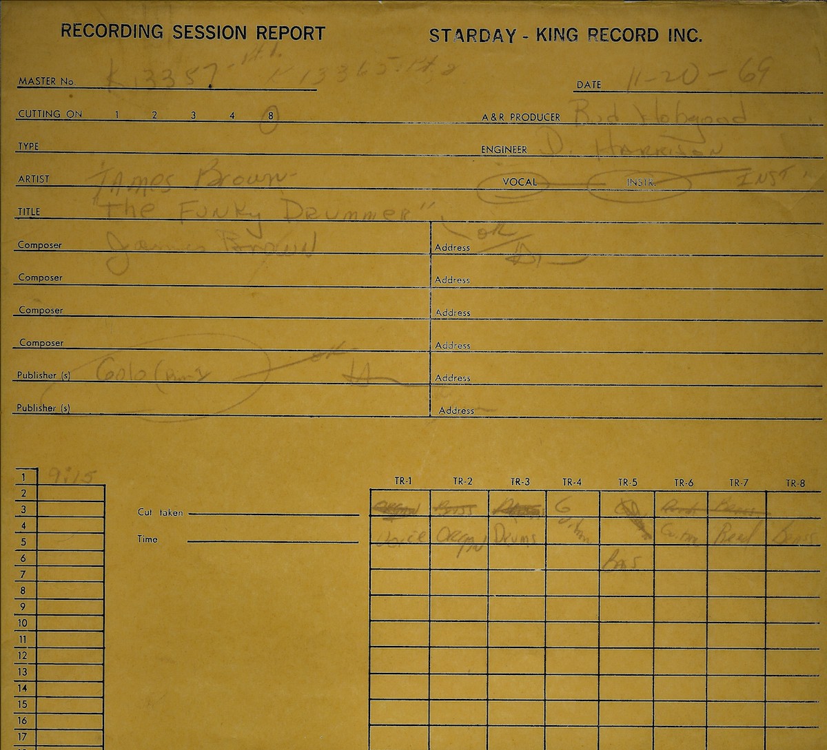 Original James Brown Funky Drummer tracking sheet from the 8-track recording session, King Studios 1969. Clyde Stubblefield played drums on the breakbeat. Cincinnati Ohio