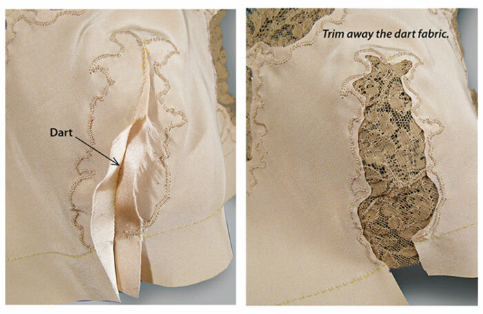Sewing the lace over the dart