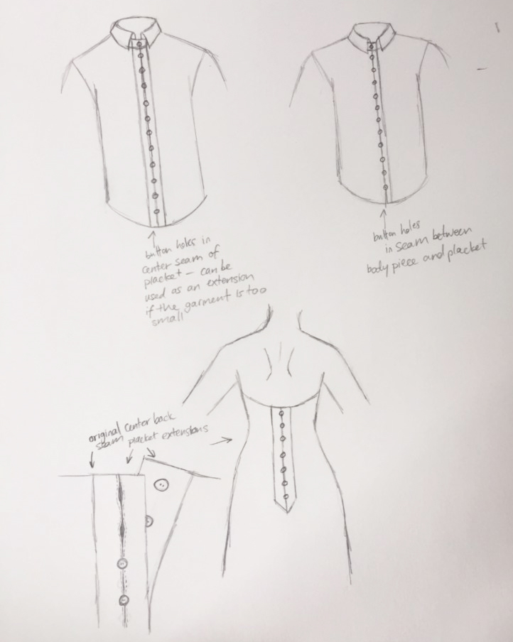 Design ideas for a button placket extension with in-seam buttonholes.