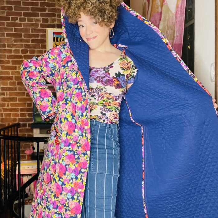 Marcy Harriell's new travel garment, a hooded coat made from prequilted yardage