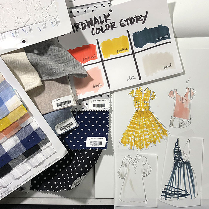 Hong's pile of collection development, fabric selection, fashion illustration, and more