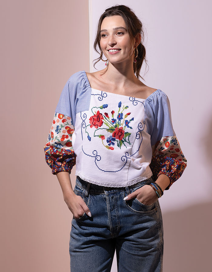Leaves of Grass, New York Amandine hand embroidered chiffon top