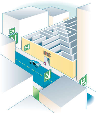 Woman leaving car and confusing highway to enter into the maze of the IRS