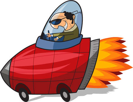 Illustration of a businessman steering a red rocket with flames coming out of it