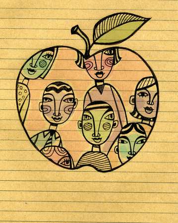 Drawing on note paper of an apple with students inside