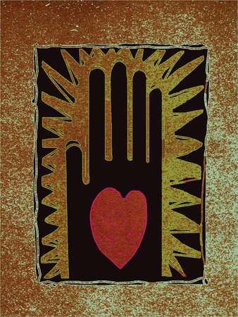 Palm of a hand with a heart, against distressed background