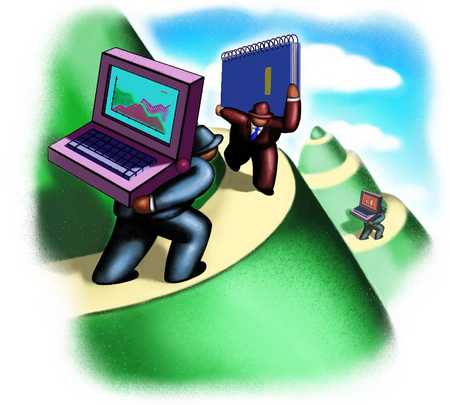 Men Carrying Laptop Up Mountain