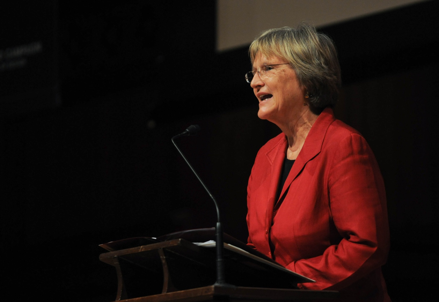 Harvard President Drew Faust speaks in Sanders Theater alongside leading figures from the Graduate School of Design. 