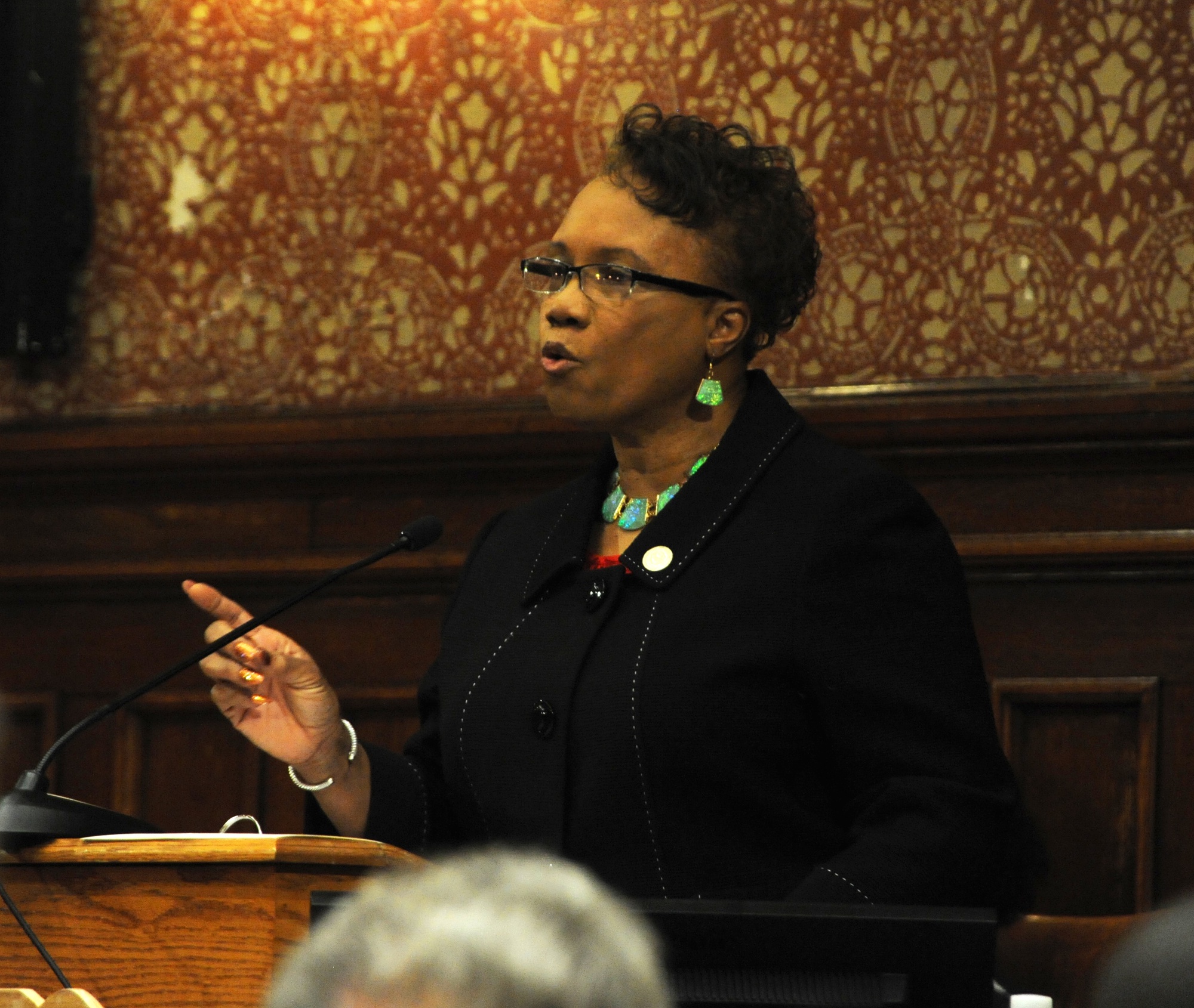 Mayor E. Denise Simmons speaks at the State of the City of Cambridge address in the Sullivan Chamber of Cambridge City Hall Wednesday afternoon. Mayor Simmons spoke about a variety of subjects, including the Safe Streets Safe City initiative, which works to prevent violence and offer opportunities to Cambridge residents.
