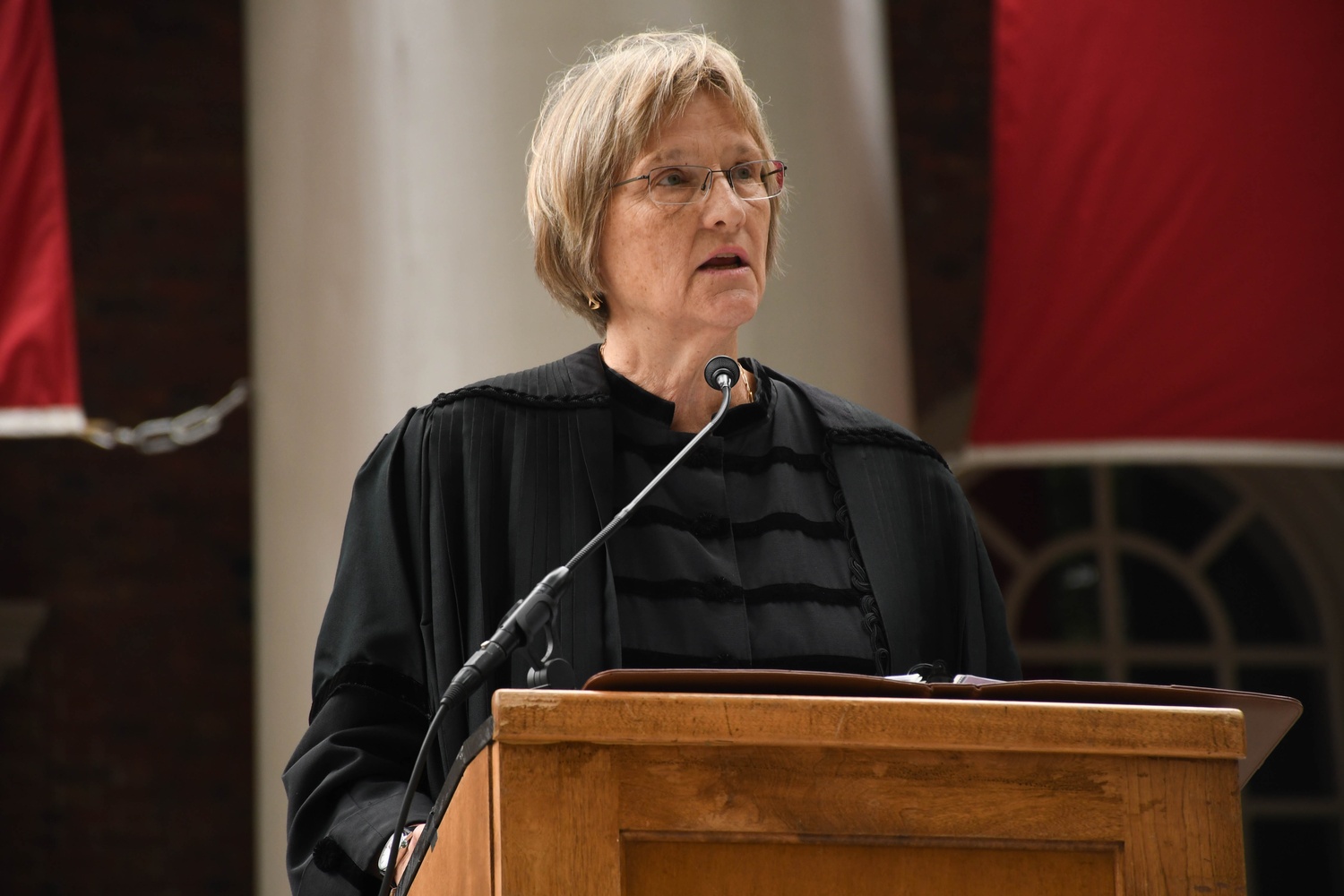 University President Drew G. Faust speaks at the Class of 2021's Freshman Convocation. 