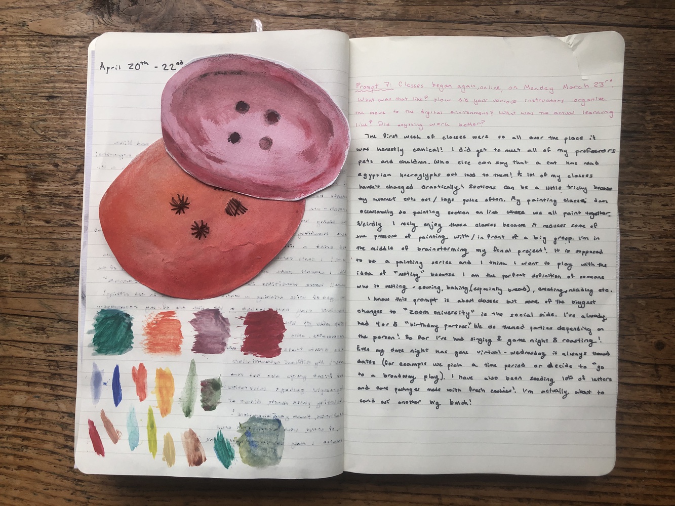Francesca M. Hess ’20 fills her journal with paintings, Polaroids, and other knickknacks, including the invitation to commencement that arrived in the mail the same day she arrived back home.