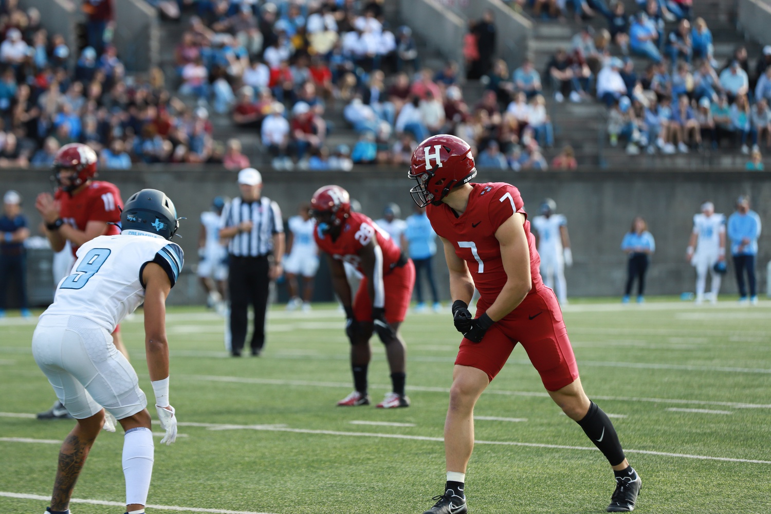 Junior wide receiver Kaedyn Odermann lines up for a snap during the Crimson's loss. With the offense missing playmakers such as senior wide receiver Kym Wimberly and sophomore wide receiver Ledger Hatch, Odermann was one of the players who senior quarterback Charlie Dean leaned on to step up.