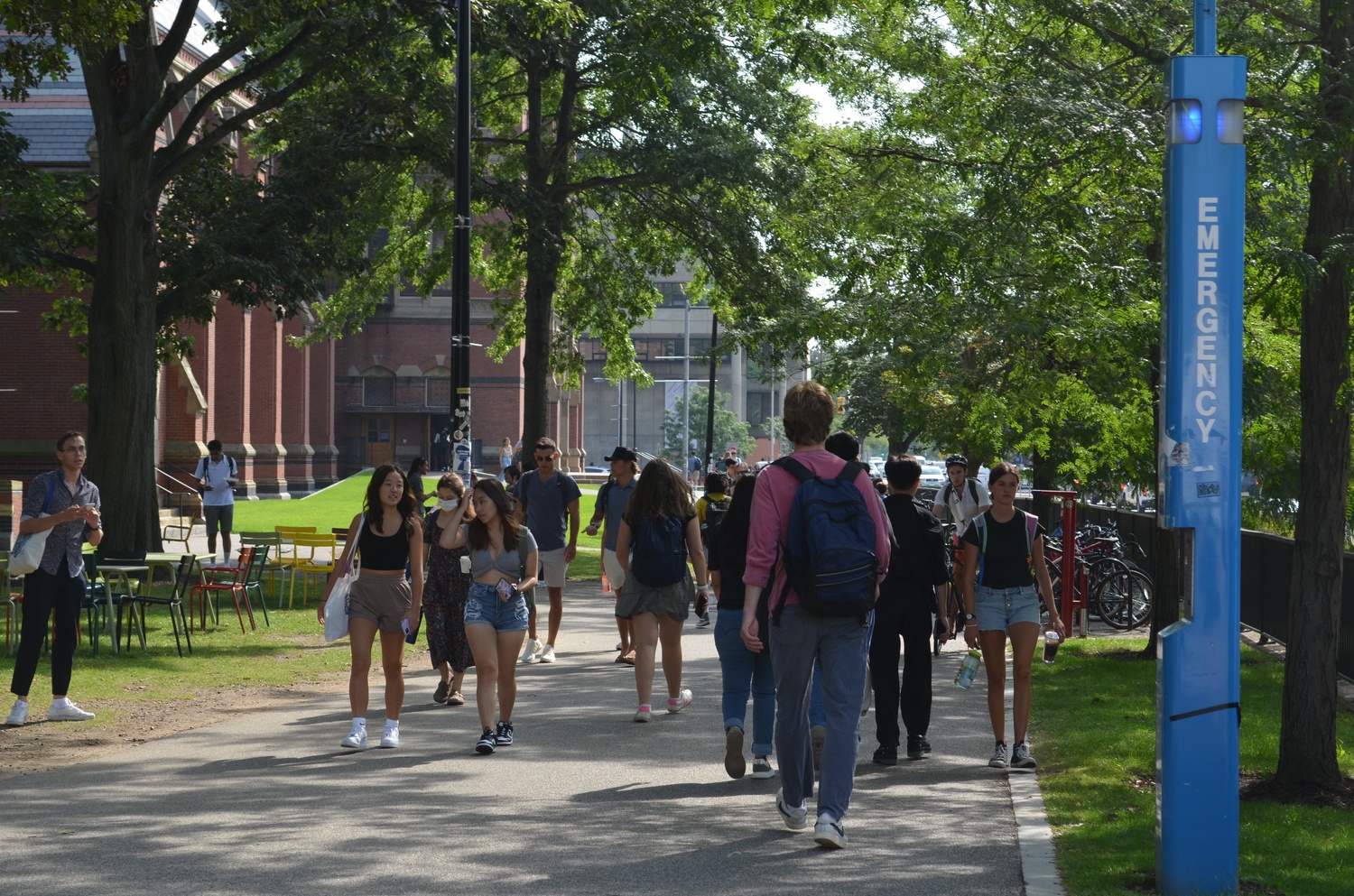 Students walk outside Memorial Hall on the first day of classes in fall 2023.