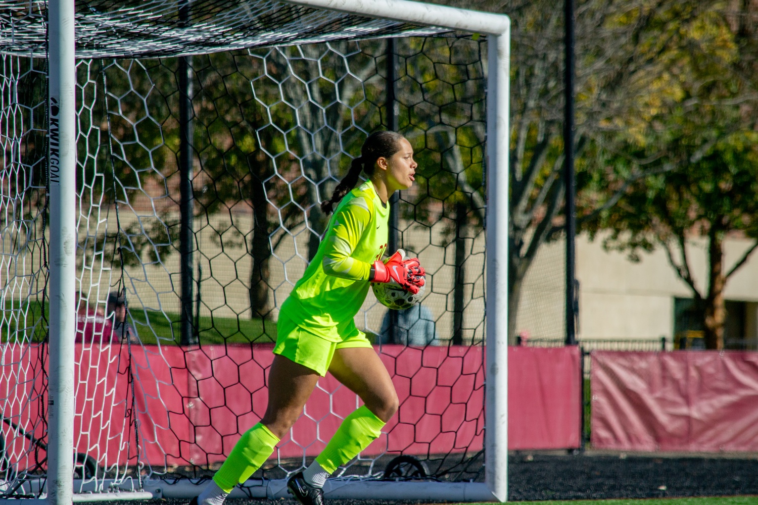Goalkeeper Rhiannon Stewart saves a goal during a 2025 matchup against Penn. 
