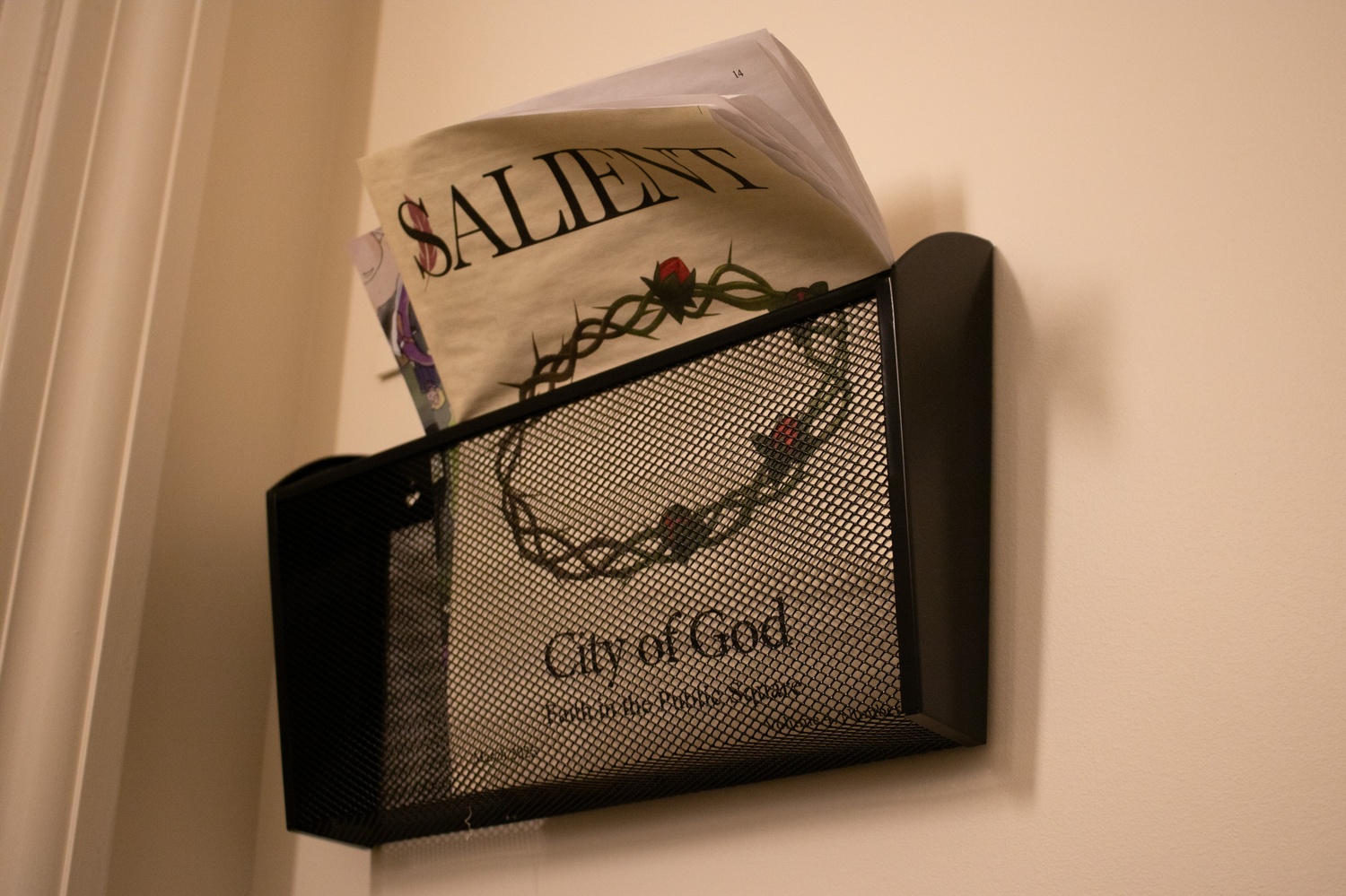 The Harvard Salient’s March 2025 issue sits in an inbox outside a dorm room.