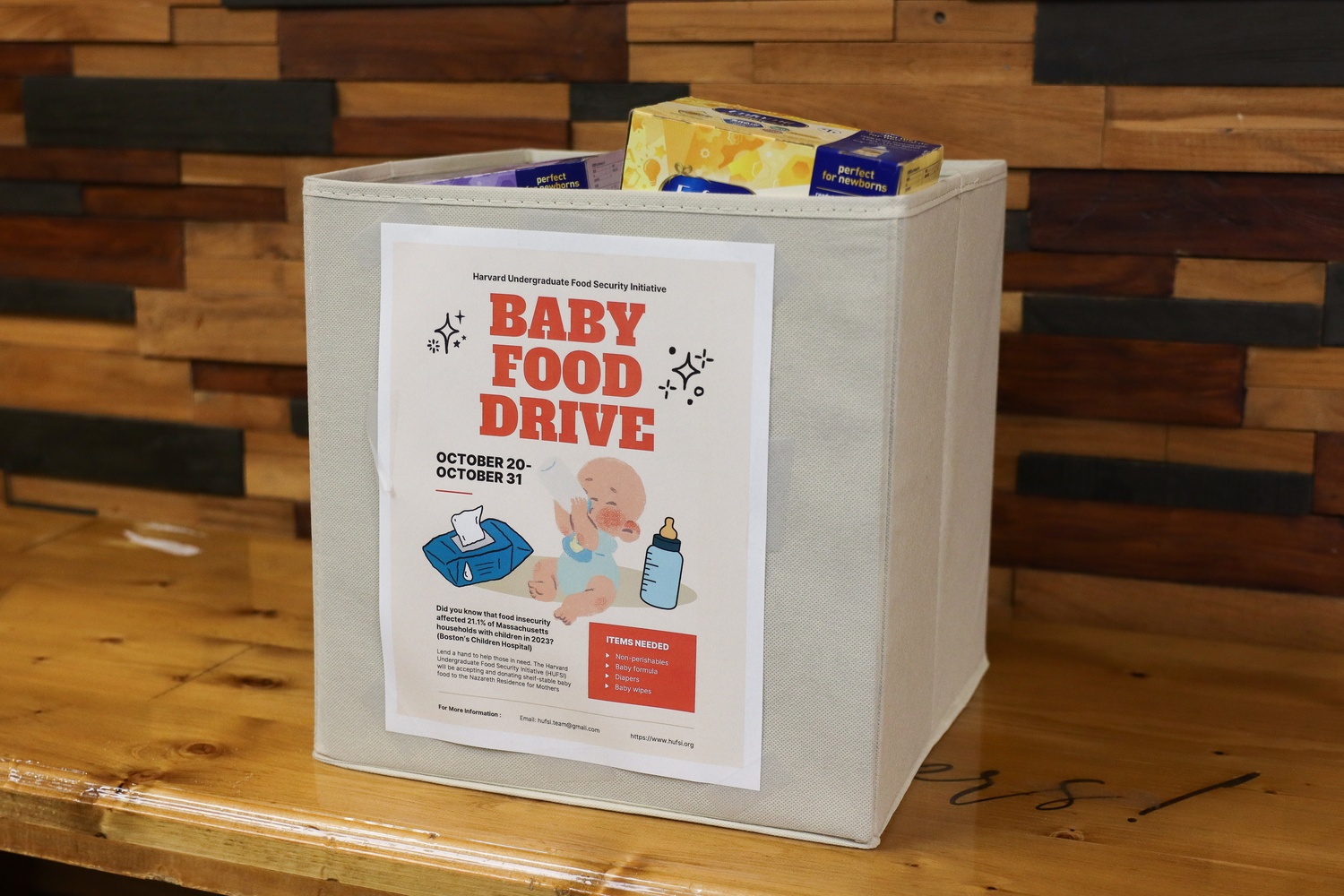Baby food was collected at various locations around Cambridge including the Cambridge YMCA, First Church Cambridge, and Broadway Marketplace.