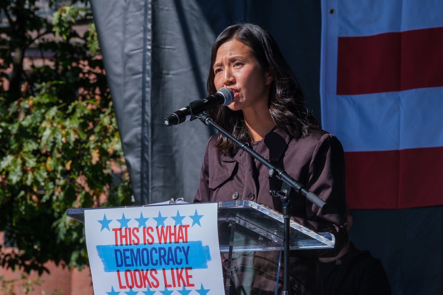 Boston Mayor Michelle Wu '07 speaks at the Oct. 18 No Kings Protest. She ran uncontested in Tuesday's election.