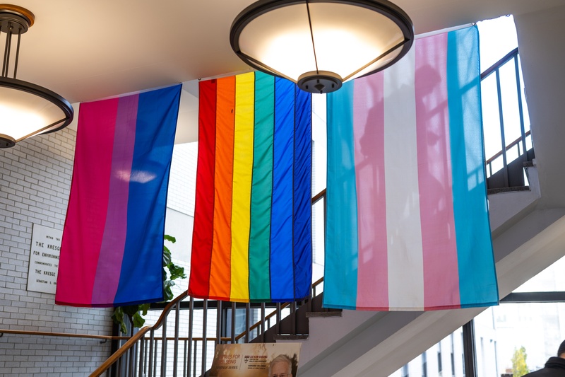 Pride Flags hanging in Lobby of Harvard T.H. Chan School of Public Health