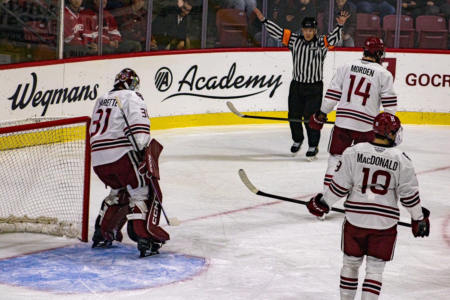 The men's ice hockey team looks on during a 3-1 loss to Cornell earlier in the season/