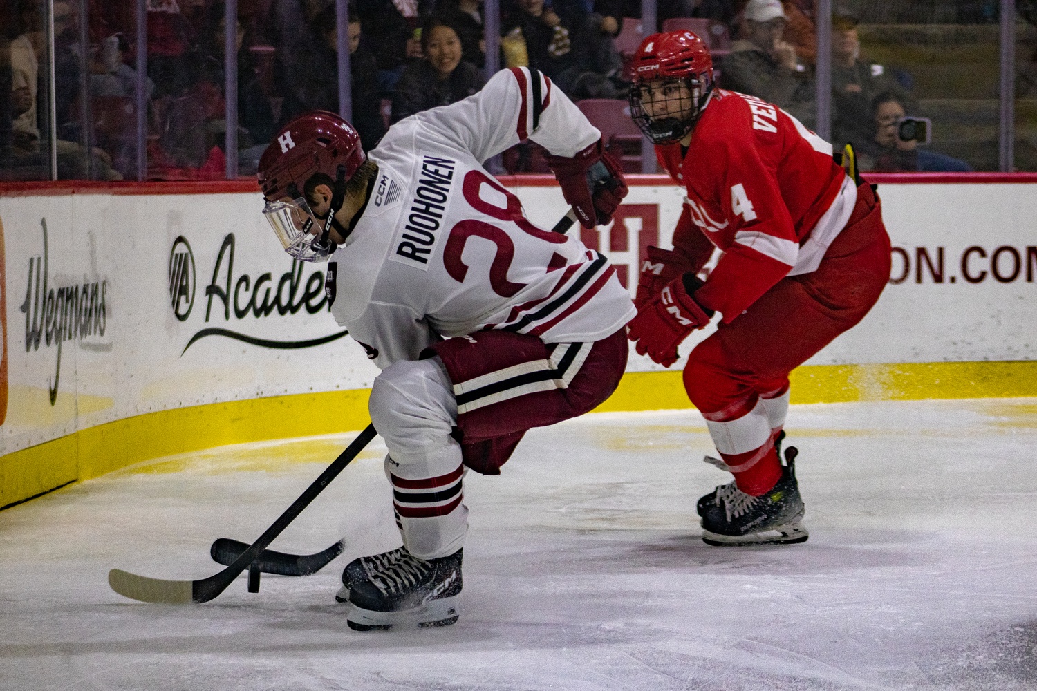 Freshman forward Heikki Ruohonen fights for the puck against Cornell. 