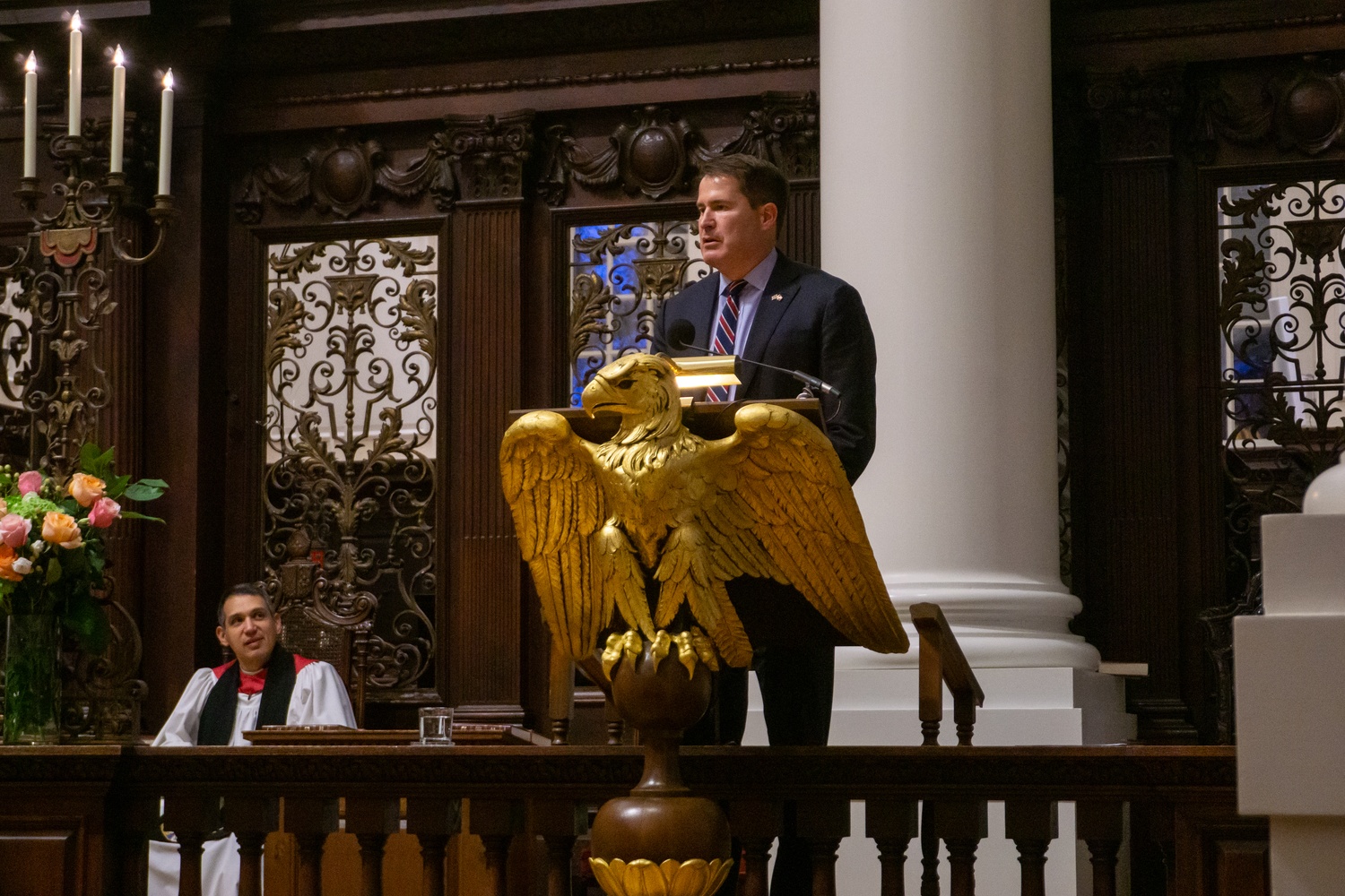 Representative Seth W. Moulton '01 (D-Mass.) speaks at Tuesday's Veterans Day event in Memorial Church.
