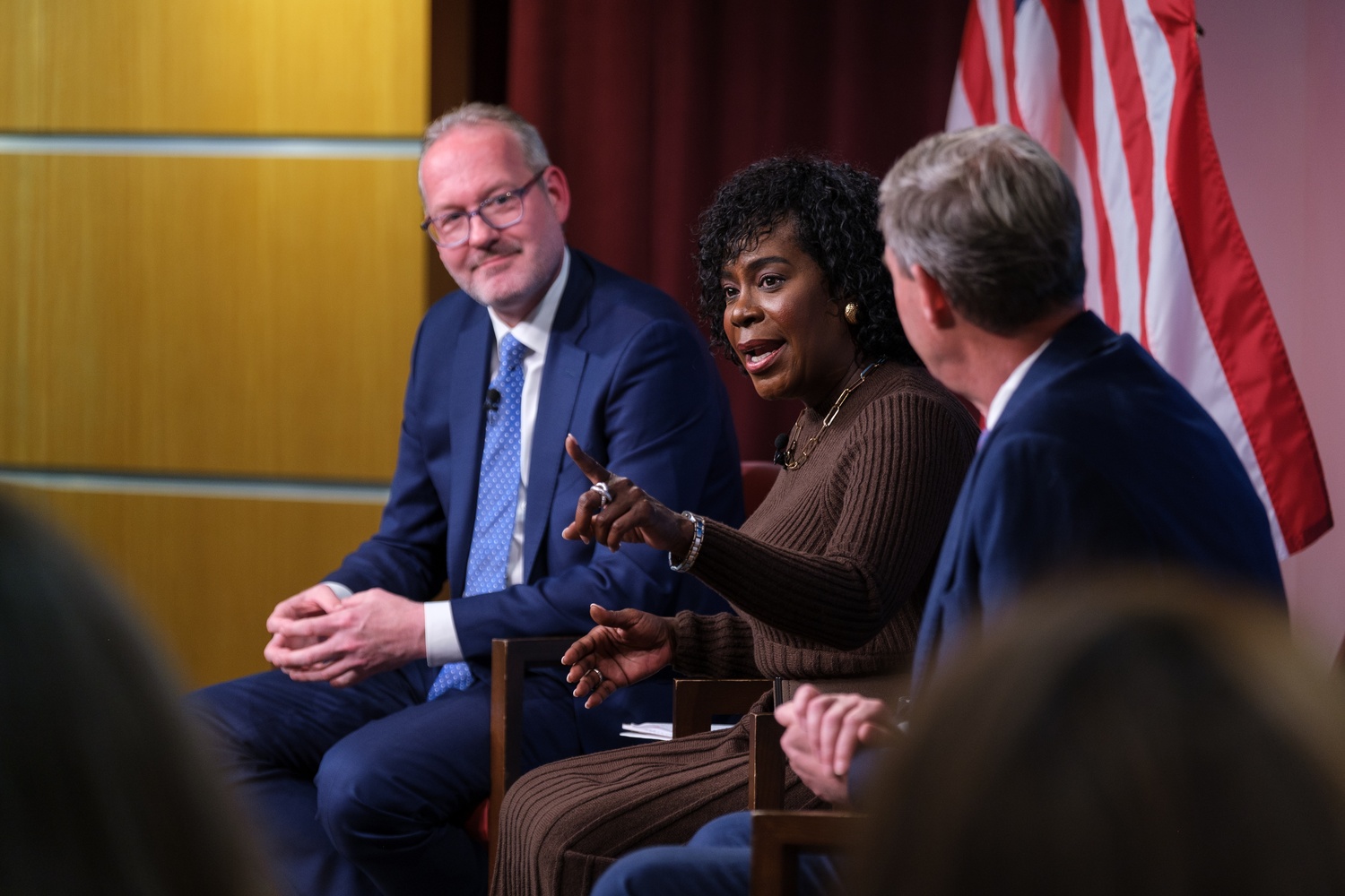 Director of the Bloomberg Center for Cities, Jorrit de Jong, moderates a discussion on urban problem solving with Cherelle L. Parker, mayor of Philadelphia, and Daniel J. Rickenmann, mayor of Columbia. 