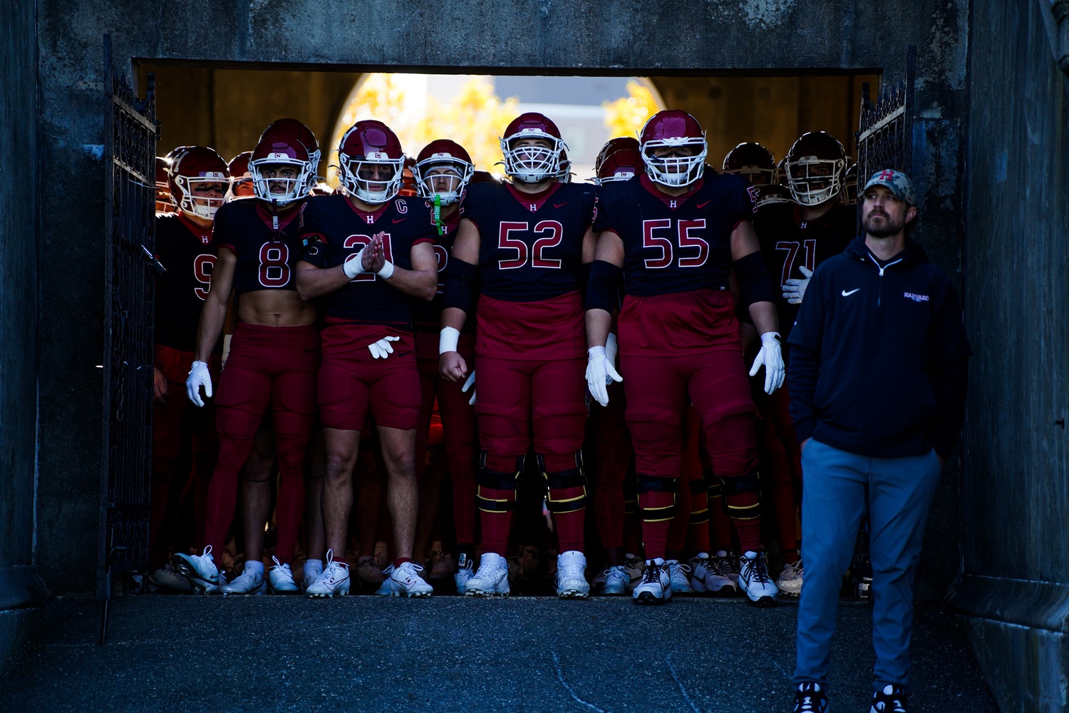 Harvard lines up for its game against Dartmouth earlier this season. The team will face off against Yale in The Game.