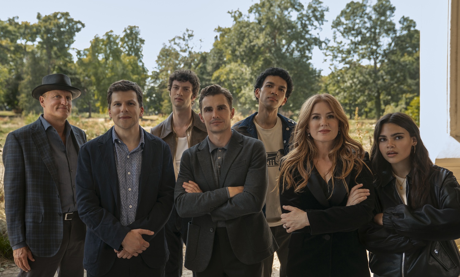 Woody Harrelson as Merritt, Jesse Eisenberg as Atlas, Dominic Sessa as Bosco, Dave Franco as Jack, Justice Smith as Charlie, Isla Fisher as Henley, and Ariana Greenblatt as June in Ruben Fleischer's new film, "Now You See Me: Now You Don't."