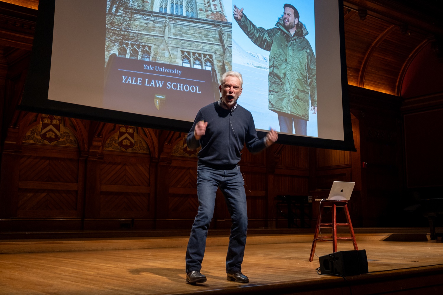 Andrew J. Berry takes the stage for annual Bulldog Roast in Sanders Theater ahead of The Game on Saturday.