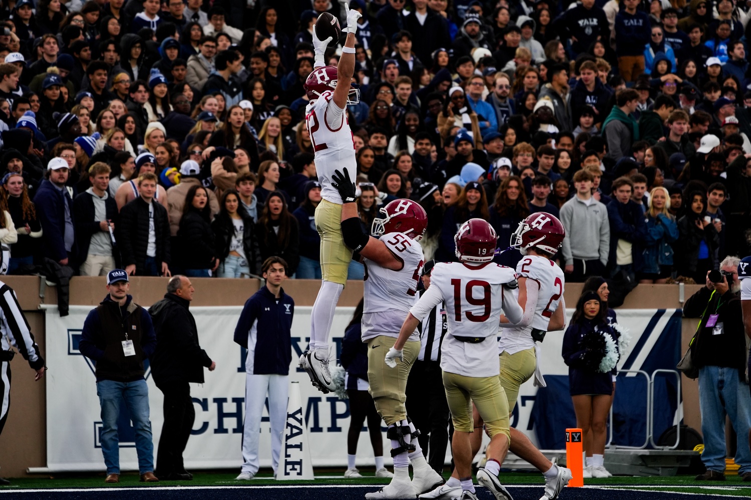 Freshman Ryan Tattersall celebrates after catching Harvard's first touchdown pass of the game. Tattersall was a sorely-needed bright spot for Harvard.