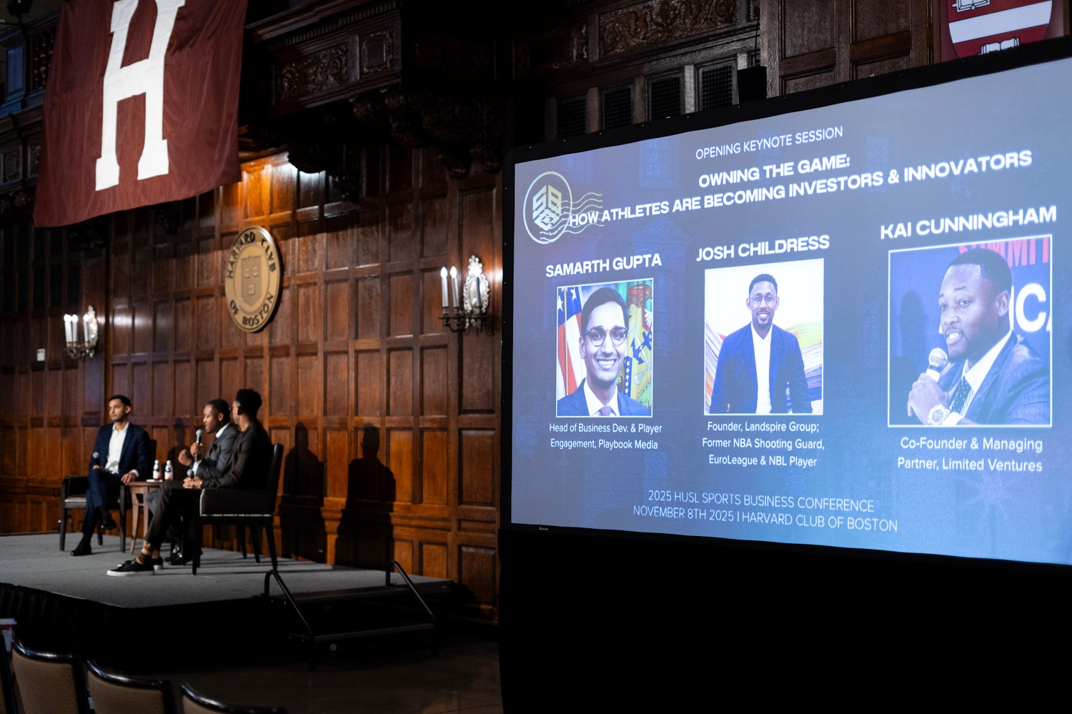 Samarth Gupta, Josh Childress, and Kai Cunningham speak on athletes becoming investors on stage at the Harvard Club of Boston.