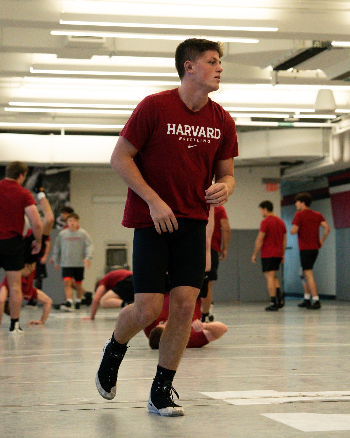 Freshman Sid Tildsley at wrestling practice. The Billerica, Mass., native began his collegiate career after notching a dominant 256-11 high school record. Tildsey recently won the 141-lb Blue Pool at the Journeymen Classic.