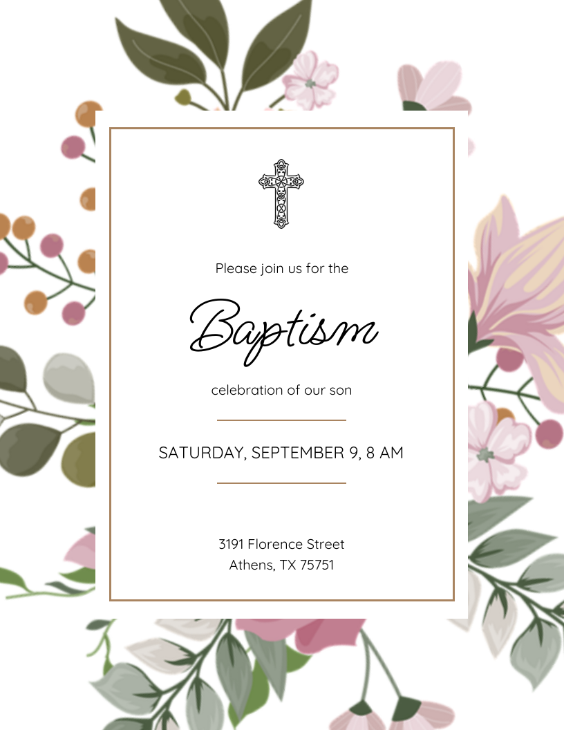 Modern Floral Green Baptism Invitation