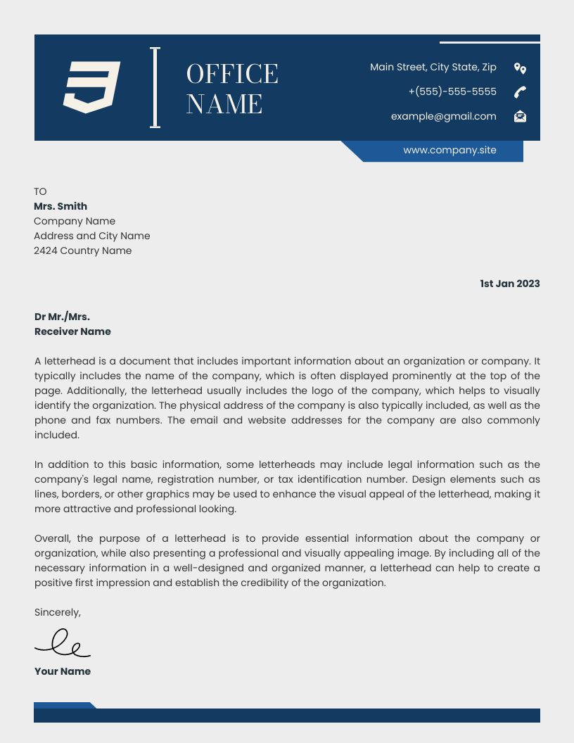 Light Grey And Blue Professional Modern Office Letterhead Template
