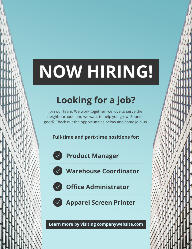 Now Hiring Job Advertisement Flyer Template (Modèle de prospectus pour les offres d'emploi)