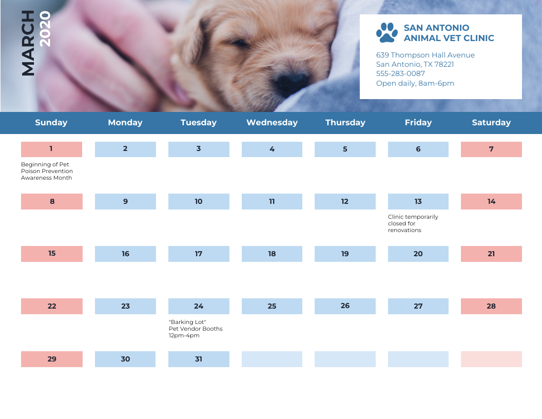 Vet Clinic Work Calendar Template - Venngage