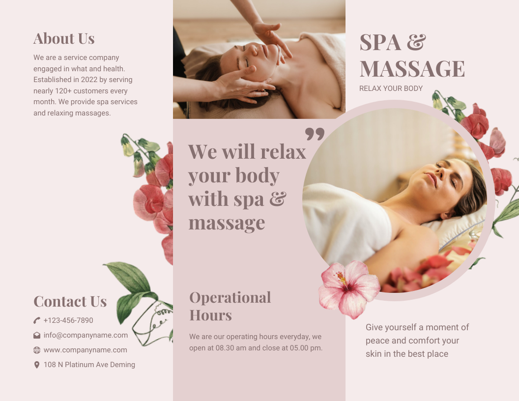 Pink Simple Elegant Modern Flower Massage Spa Brochure