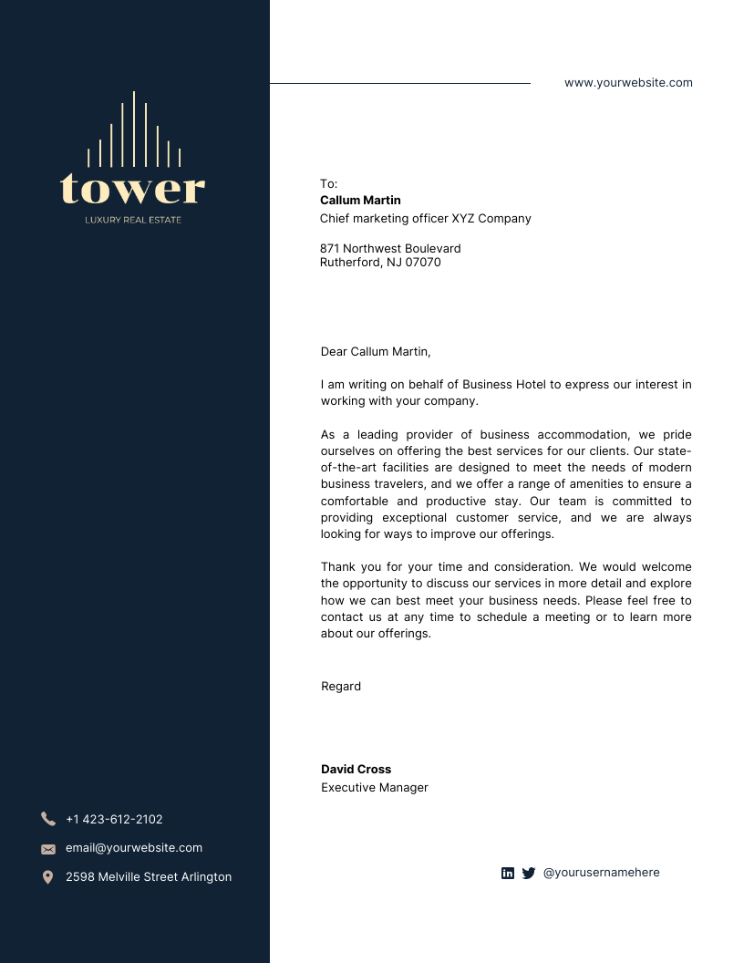 White and Dark Blue Minimalist Hotel Business Letterhead