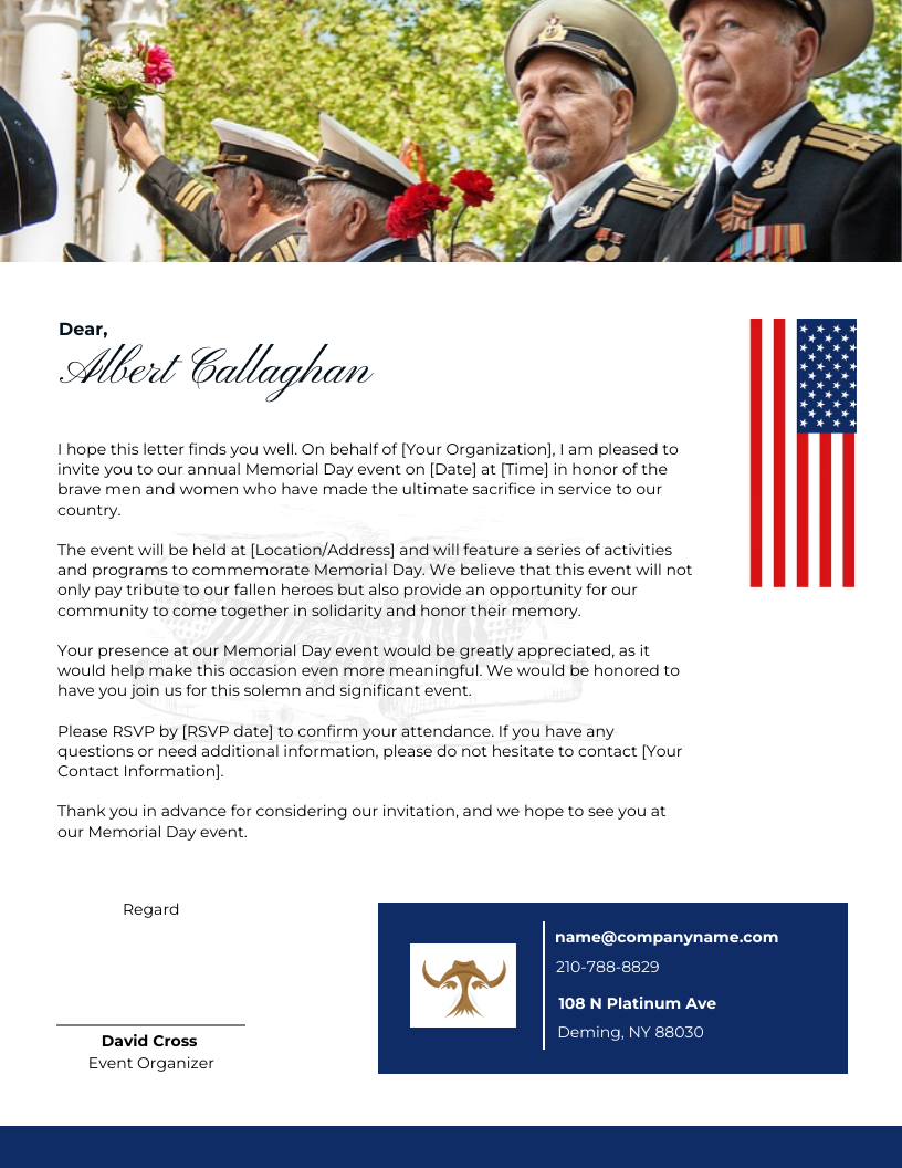 White and Blue Memorial Day Event Invitation Letterhead