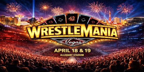 WrestleMania 41 Las Vegas stadium scene with fireworks, crowd, and April 18 and 19 event dates displayed.