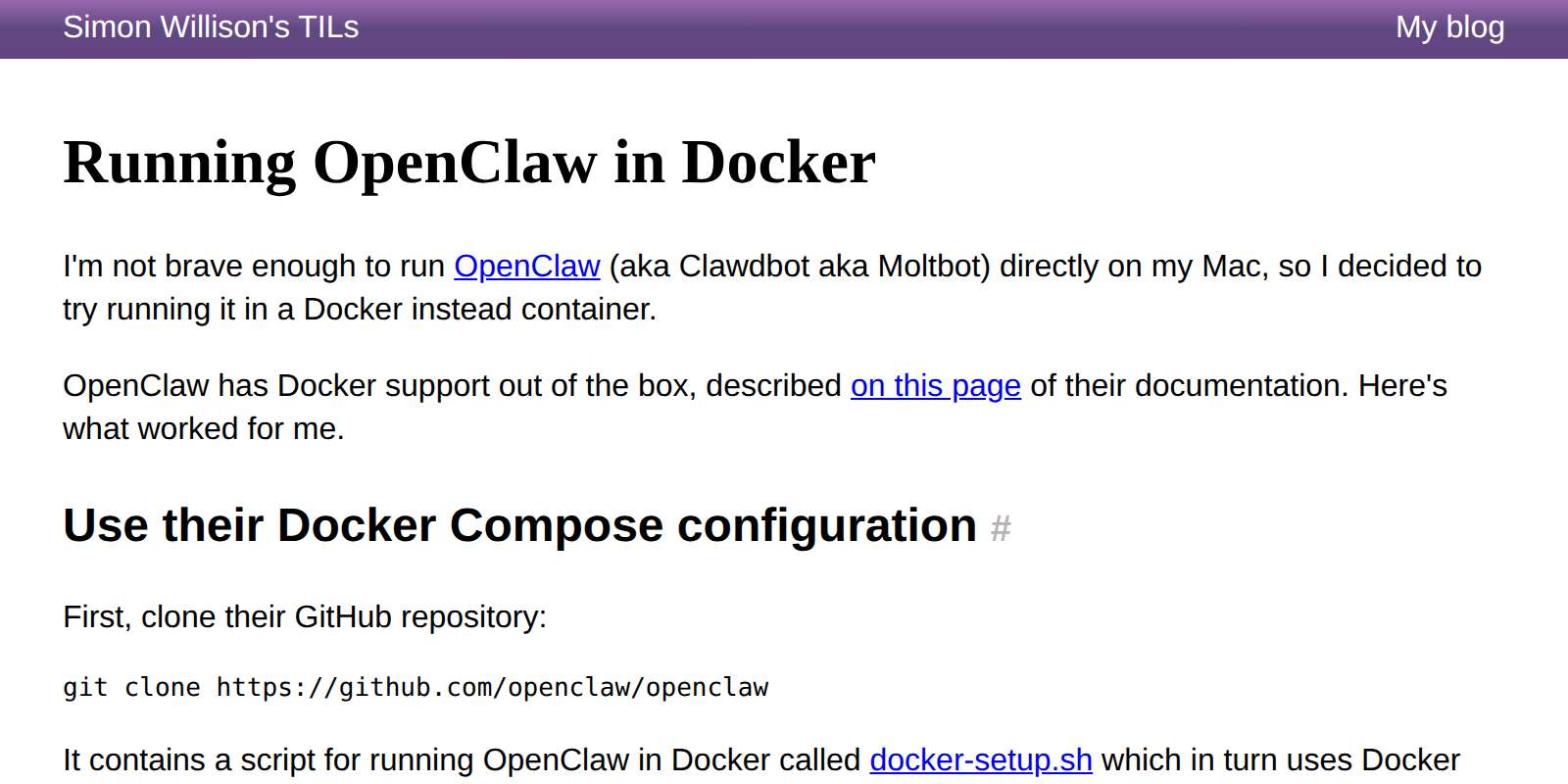 Screenshot: Running OpenClaw in Docker - I'm not brave enough to run OpenClaw (aka Clawdbot aka Moltbot) directly on my Mac, so I decided to try running it in a Docker instead container.