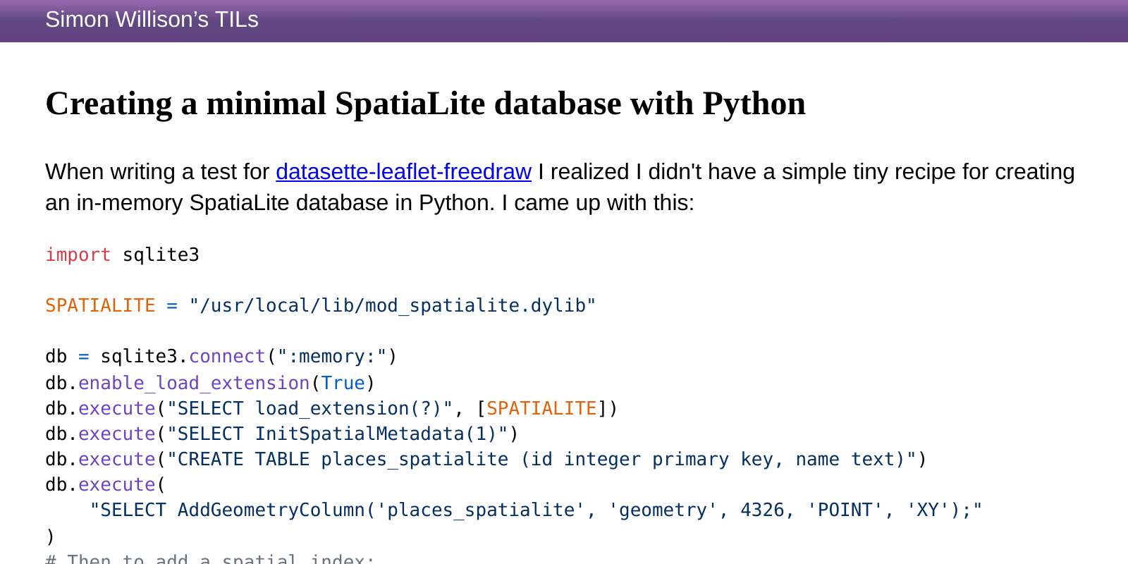 Creating a minimal SpatiaLite database with Python | Simon Willison’s TILs