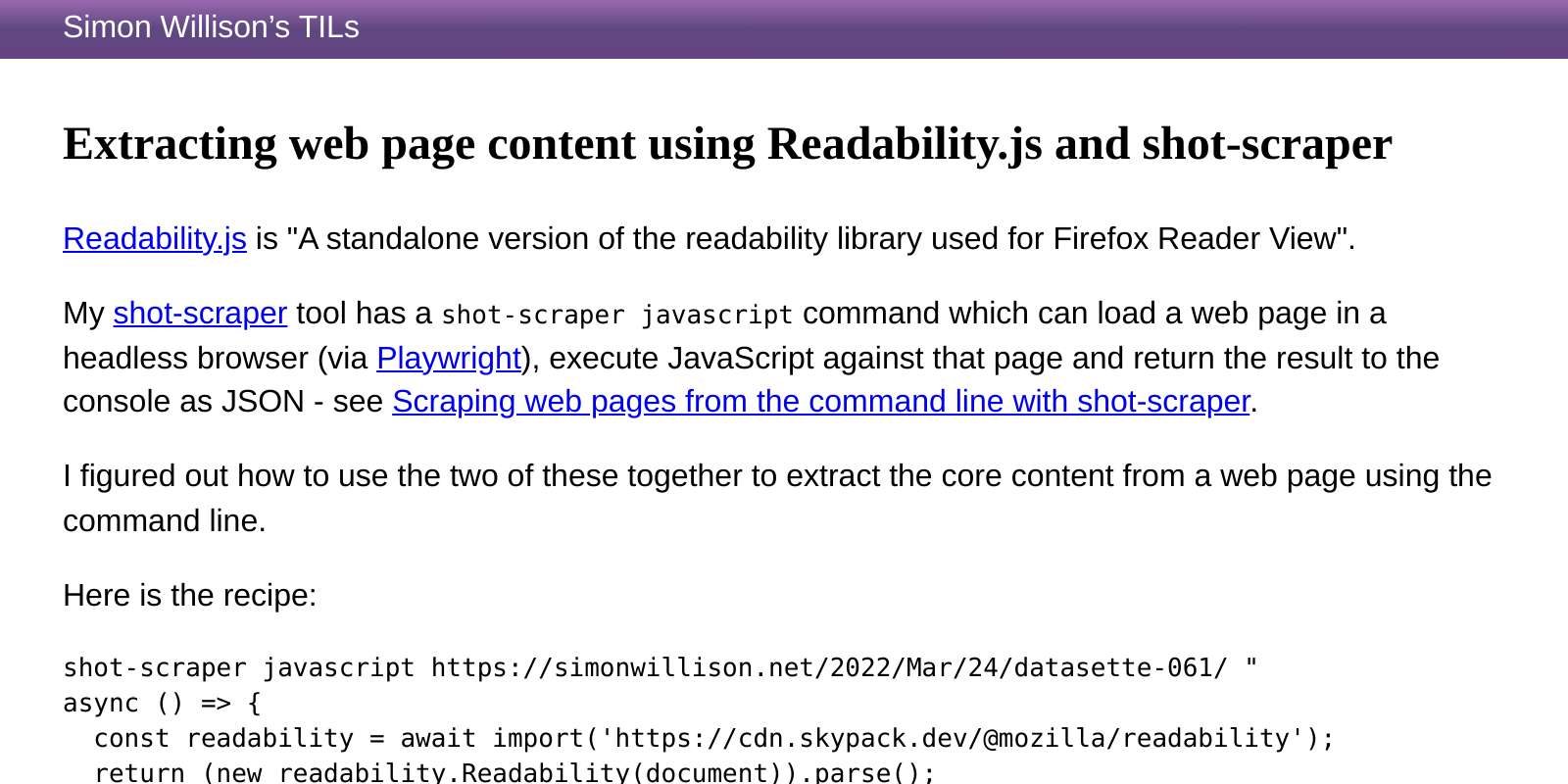 Extracting web page content using Readability.js and shot-scraper ...