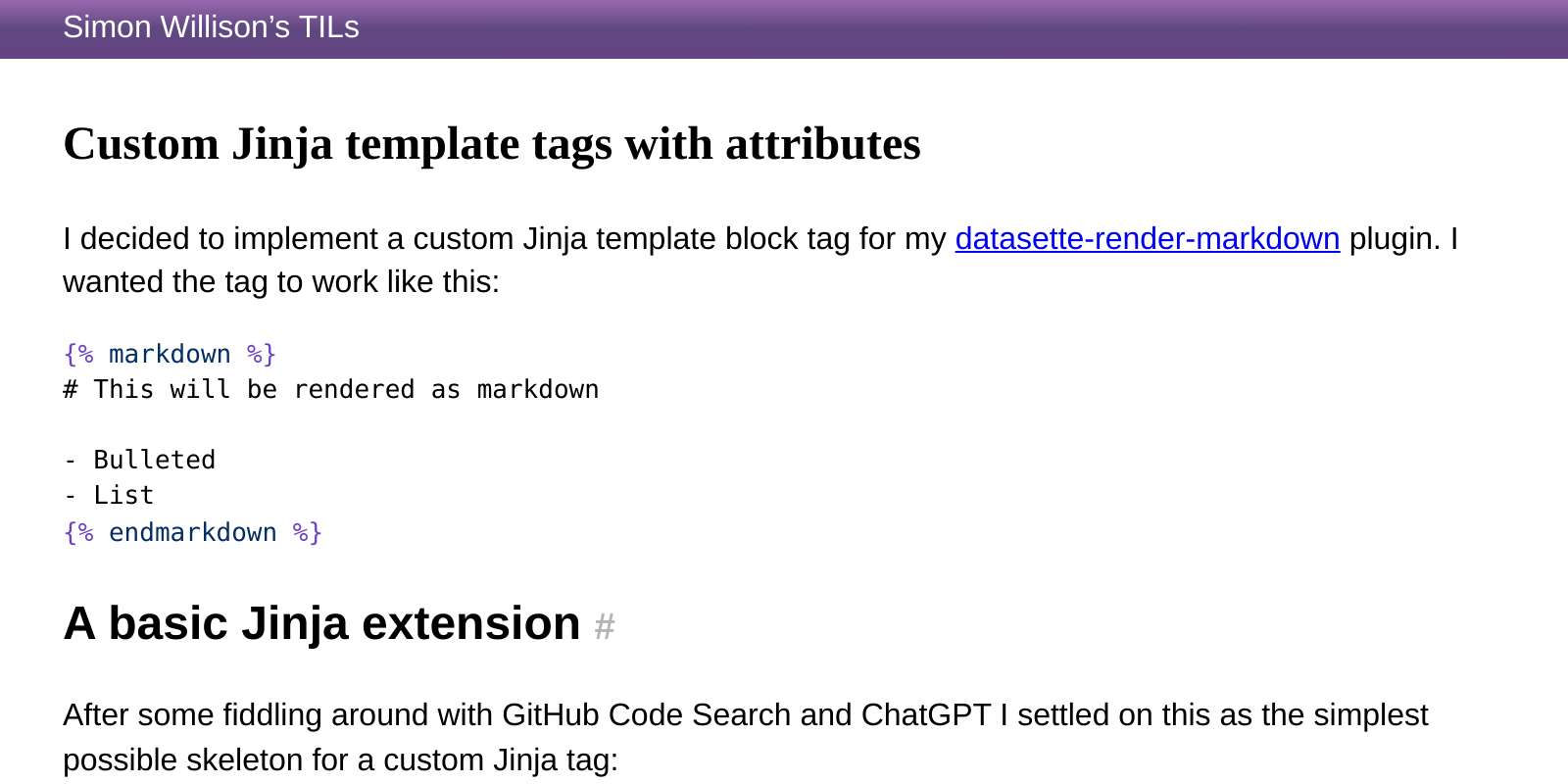 Custom Jinja template tags with attributes Simon Willison s TILs Custom Jinja template tags with attributes Simon Willison s TILs